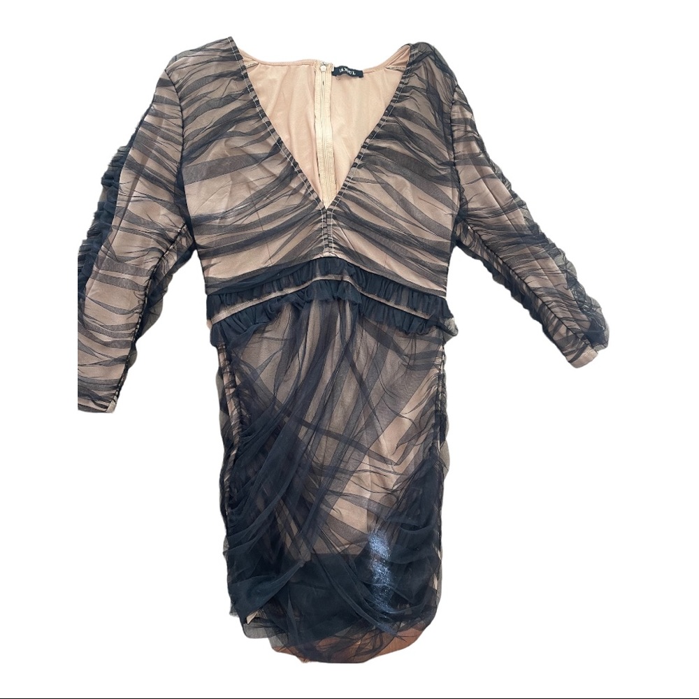 Banjul Women’s Long Quarter Sleeve V Neck Black Tan Cocktail Dress Size Large